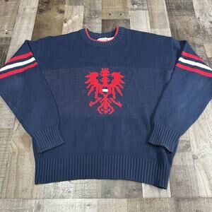 Cliff Engle Austria Crest Sweater Pullover Knit Navy Blue Mens Sz Large Vtg 80s